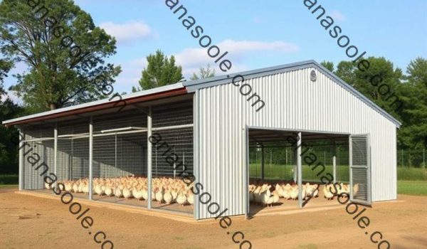 Large metal shed for industrial poultry farming