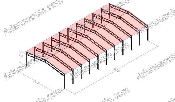 Interior view of a large column-free truss shed built by Ariana Sole