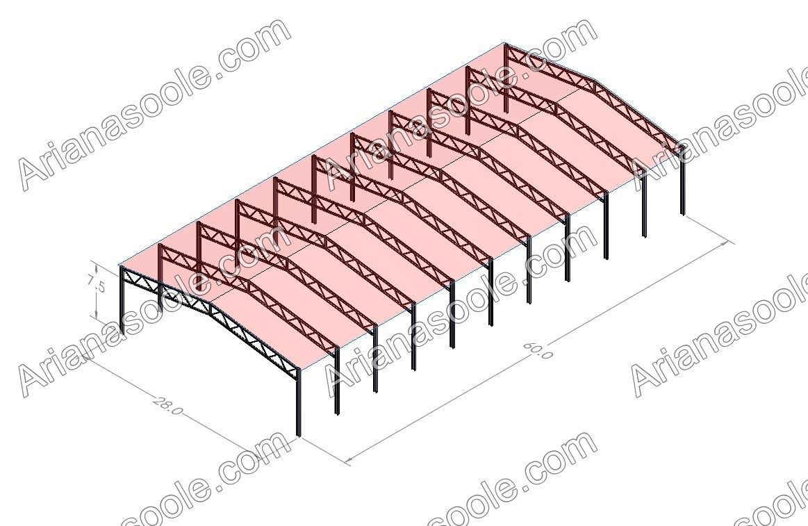 Interior view of a large column-free truss shed built by Ariana Sole