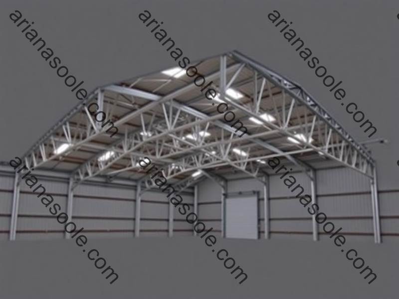 Exterior view of a very large industrial truss shed by Ariana Sole